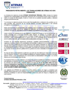 Atenas Seguridad Privada desmiente a Petro y denuncia persecución política tras acusaciones en Barranquilla